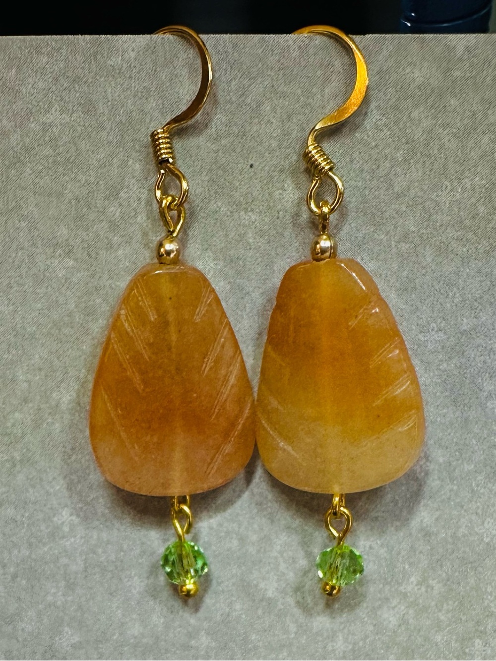 Carnelian Carved Leaf Earrings with Green Crystal Accent Bead Gold filled metal